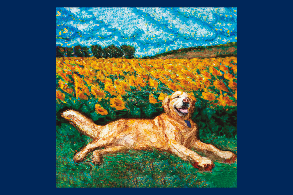 Ilustração de um cachorro entre um campo de flores.