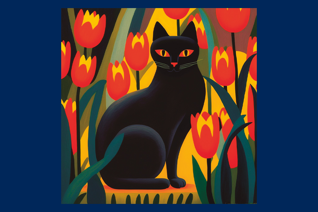 Ilustração de um gato preto entre tulipas.