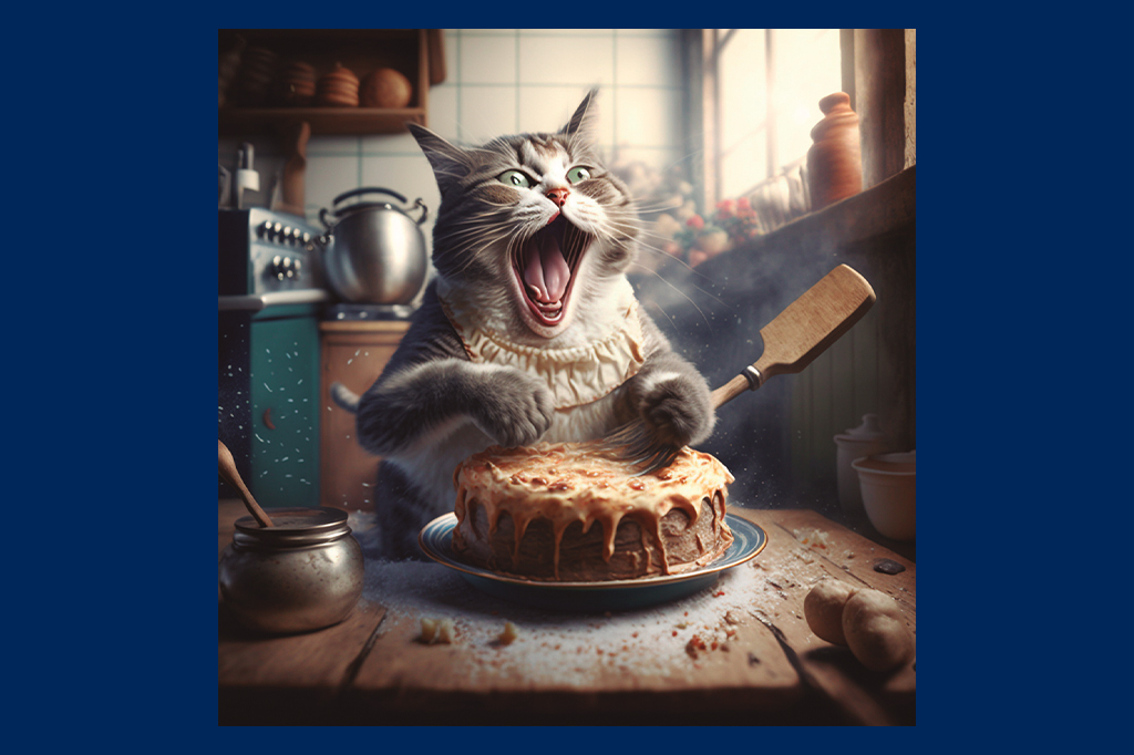 Ilustração de um gato sorridente fazendo bolo.