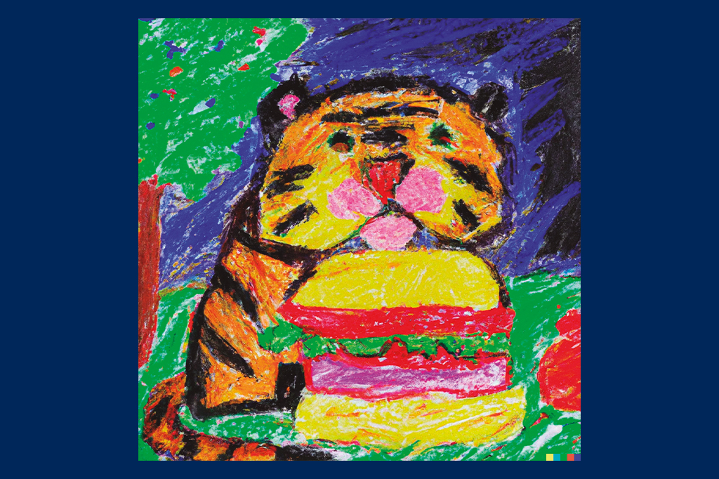Ilustração de um tigre comendo hambúrguer.