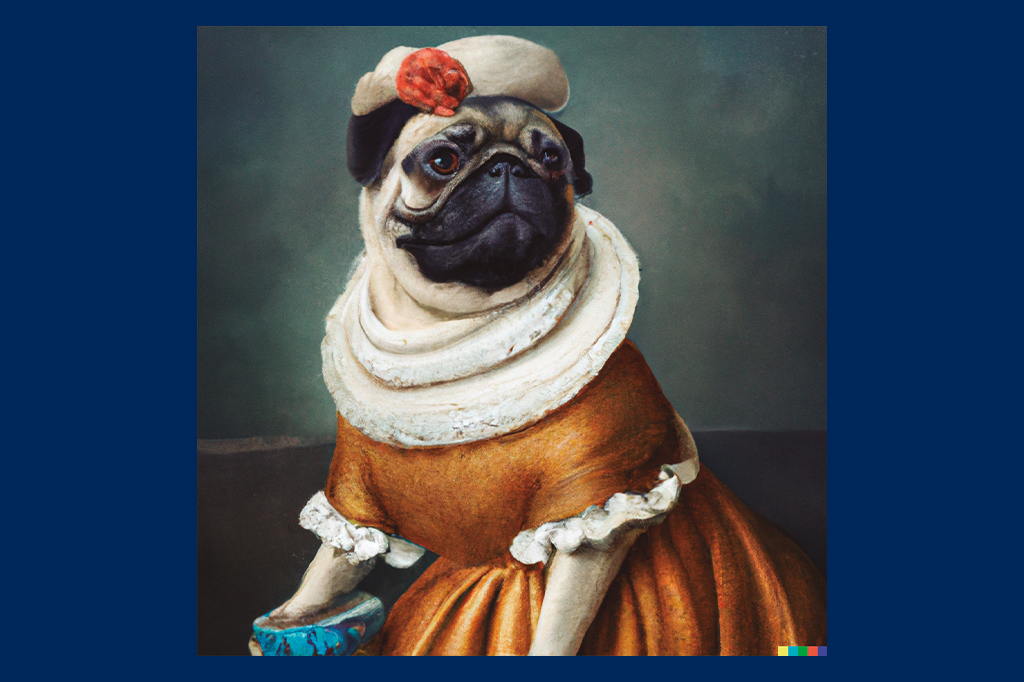 Ilustração de um cachorro pug aristocrata com roupas chiques.