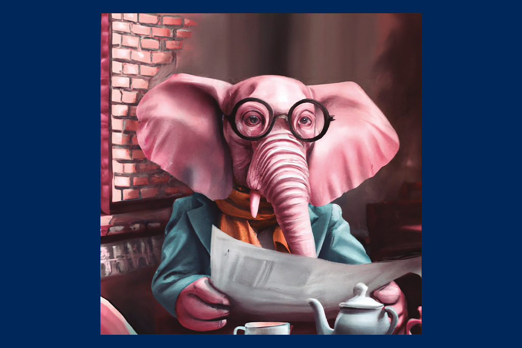Ilustração de um elefante de óculos lendo jornal em um café.