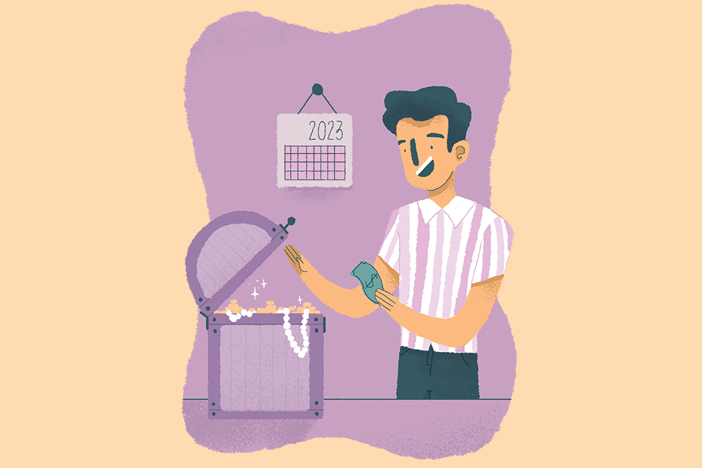 Ilustração de um homem colocando dinheiro num baú de tesouros.
