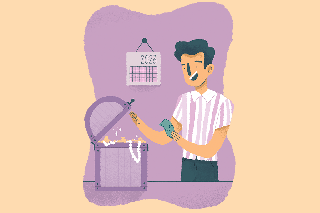 SI_447_ORCL_Manual_03 Ilustração de um homem colocando dinheiro num baú de tesouros.