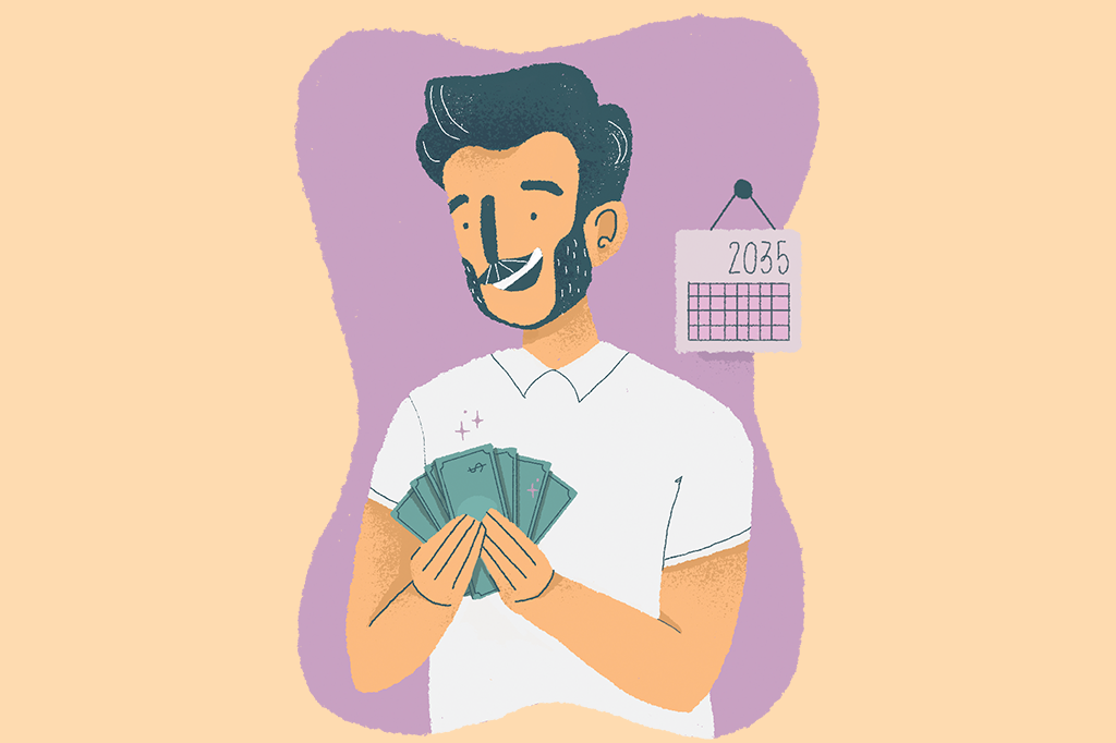 Ilustração de um homem com notas de dinheiro na mão.