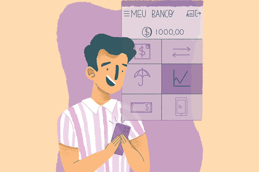 Ilustração de um homem abrindo o aplicativo do banco.