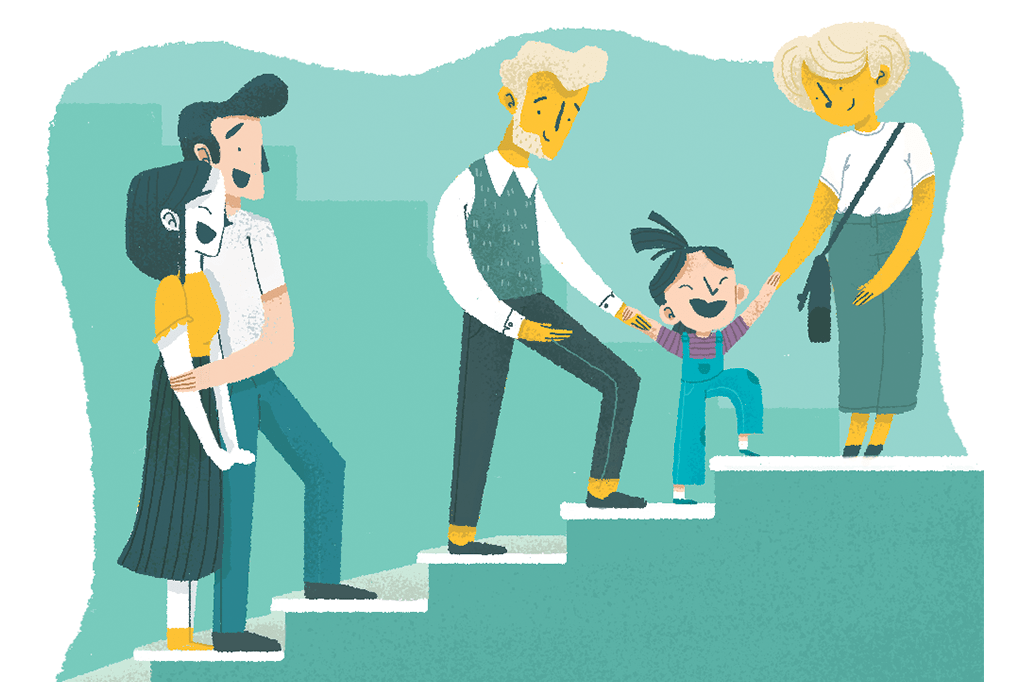Ilustração de pais vendo os padrinhos de sua filha ajudando a criança a subir uma escada.