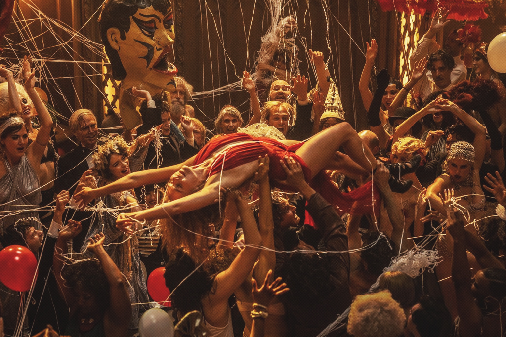 Cena do filme Babilonia, com Margot Robbie sendo elevada e apoiada por pessoas em uma festa.