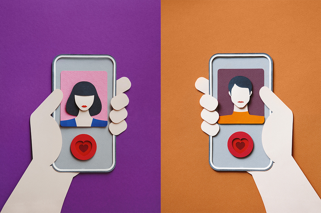 Fotografia de imagens feitas com paper art de duas pessoas dando match em um aplicativo de encontros.