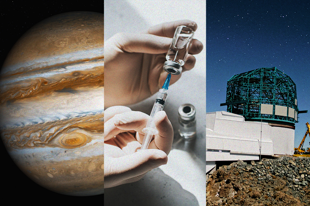 Montagem de três fotos: na primeira, o planeta Júpiter; na segunda, mãos enluvadas manuseando ampolas de vacina; na terceira, o observatório Vera C. Rubin.