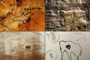 Esquema mostrando detalhes de várias pinturas rupestres diferentes.