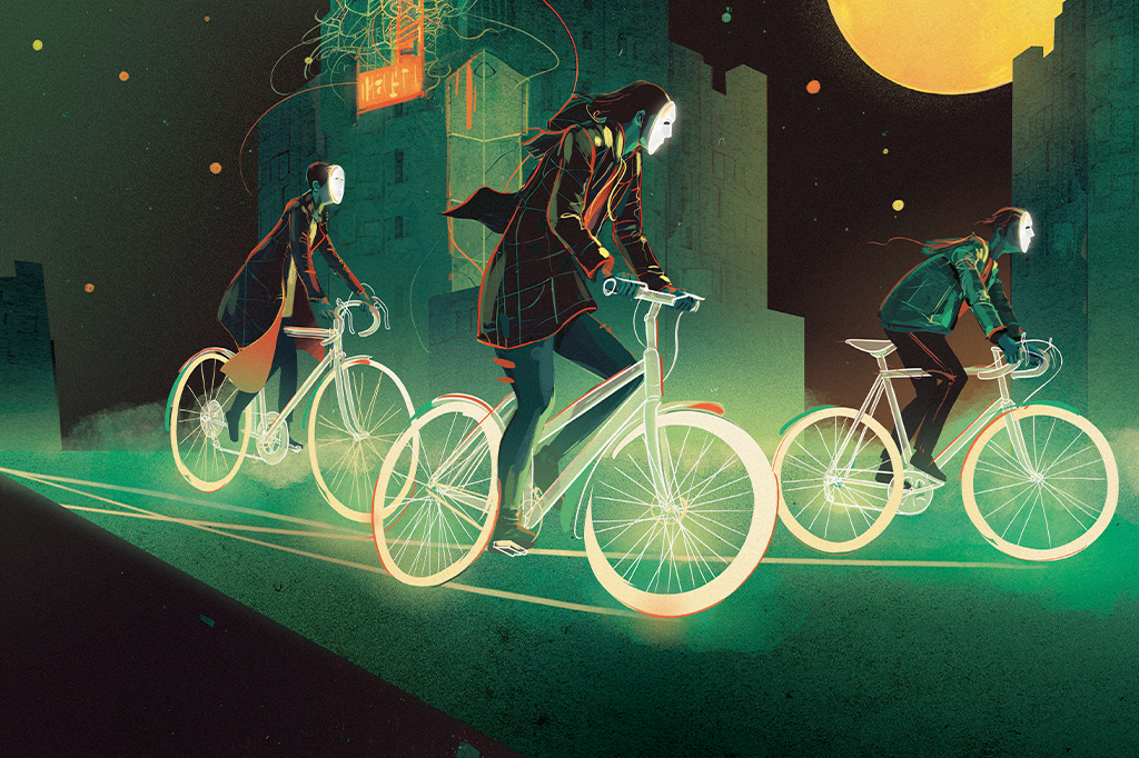 Ilustração de várias pessoas com máscara pedalando.
