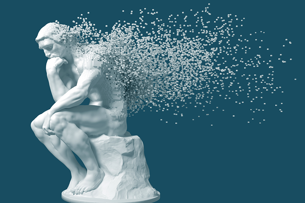 Versão 3D da escultura do Pensador se desintegrando em pixels.