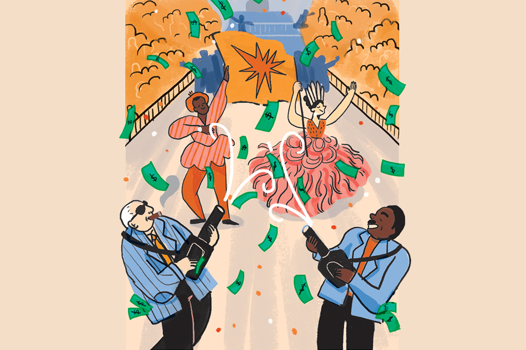Ilustração de pessoas de terno jogando dinheiro em uma escola de samba.
