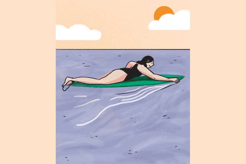Ilustração de uma mulher remando na prancha.