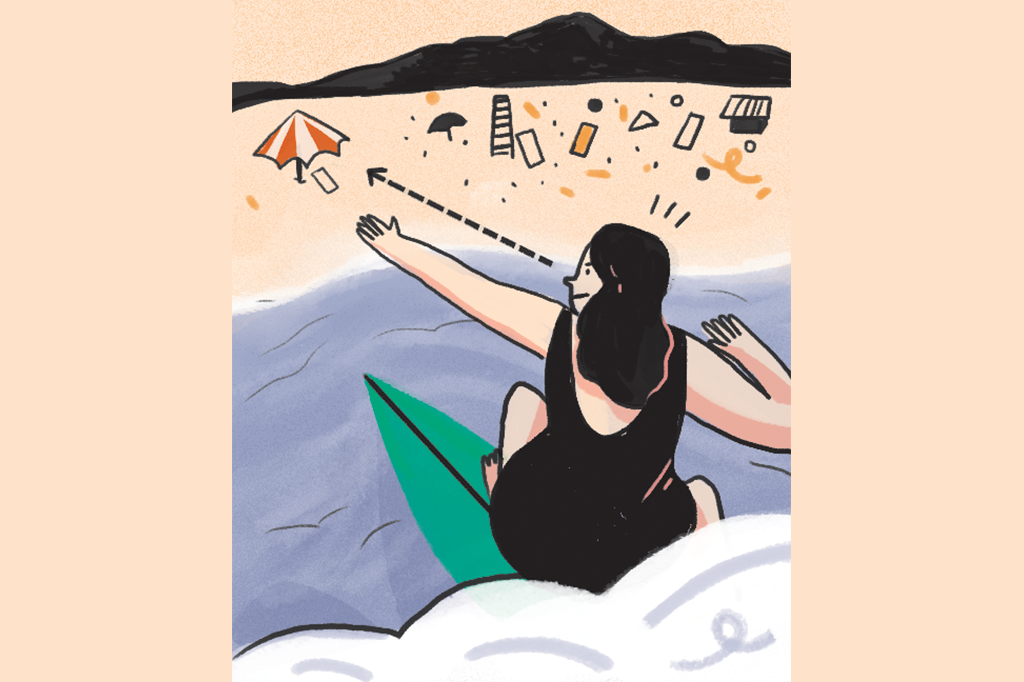 Ilustração de uma mulher surfando e mirando num guarda-sol na praia.