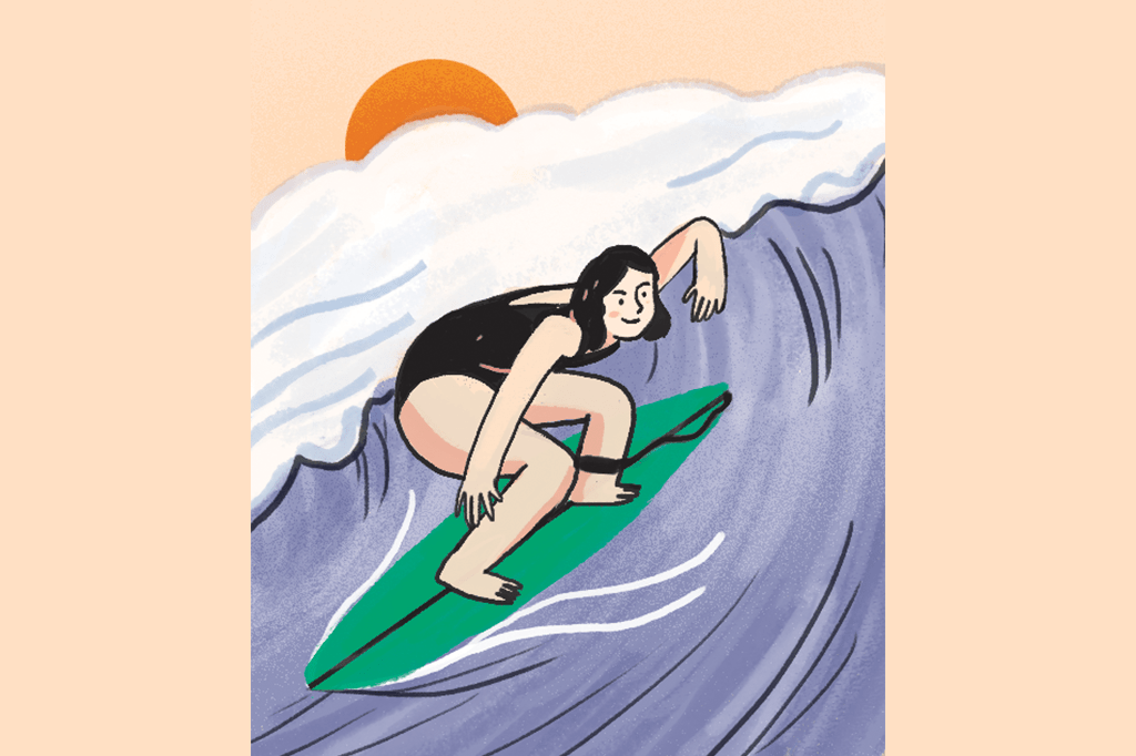 Ilustração de uma mulher surfando.