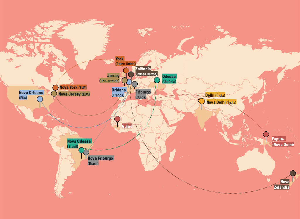 Mapa-múndi com vários pins conectados.