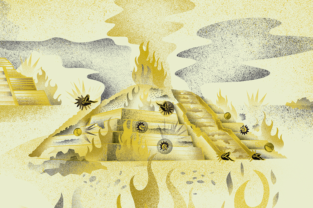 Ilustração do templo Teotihuacan sendo incendiado e destruído.