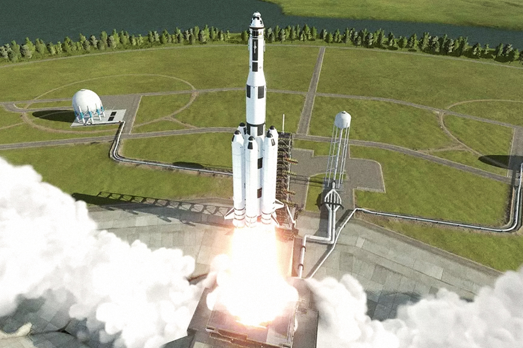 Cena do jogo Kerbal Space, com um foguete sendo lançado.