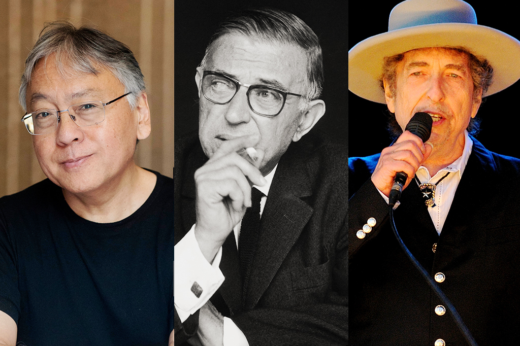 Montagem com retratos de Kazuo Ishiguro, Jean Paul Sartre e Bob Dylan.
