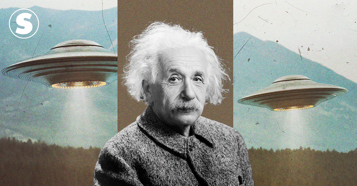 Foto de Albert Einstein recortada no centro da imagem. Atrás deles, há uma ilustração 3D de dois ovnis.