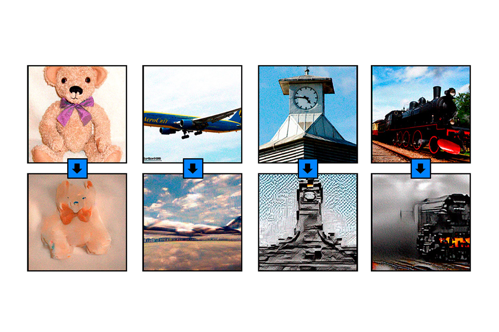 Recriações de imagens de inteligência artificial baseadas em varreduras cerebrais (linha inferior) correspondem a perspectiva e conteúdo das fotos reais vistas pelos participantes do estudo (linha superior).