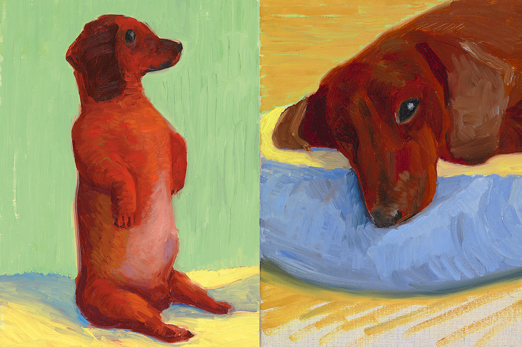 David Hockney, Dog Painting 30 a esquerda, e Dog Painting 41 a direita; ambos 1995