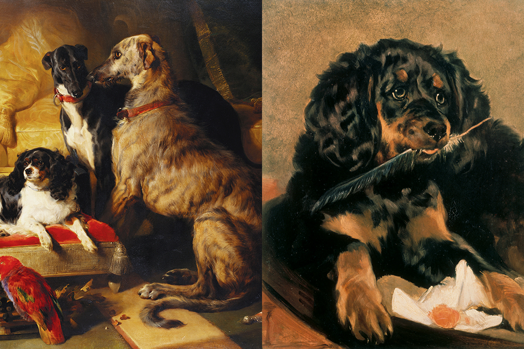 À esquerda: Edwin Landseer, Hector, Nero and Dash with the Parrot Lory, 1838. A direita: Edwin Landseer, Queen Victoria's Spaniel ‘Tilco’, 1838 Anglesey Abbey