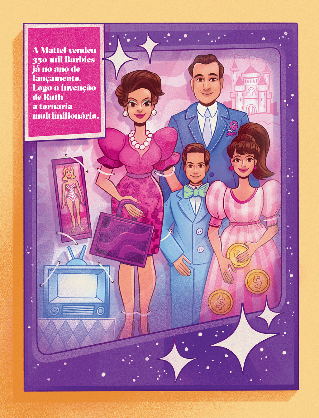Ilustração de Ruth Handler, seu marido e seus dois filhos como se estivessem na caixa da Barbie. Eles estão rodeados por uma televisão, moedas de ouro, um castelo e uma Barbie.