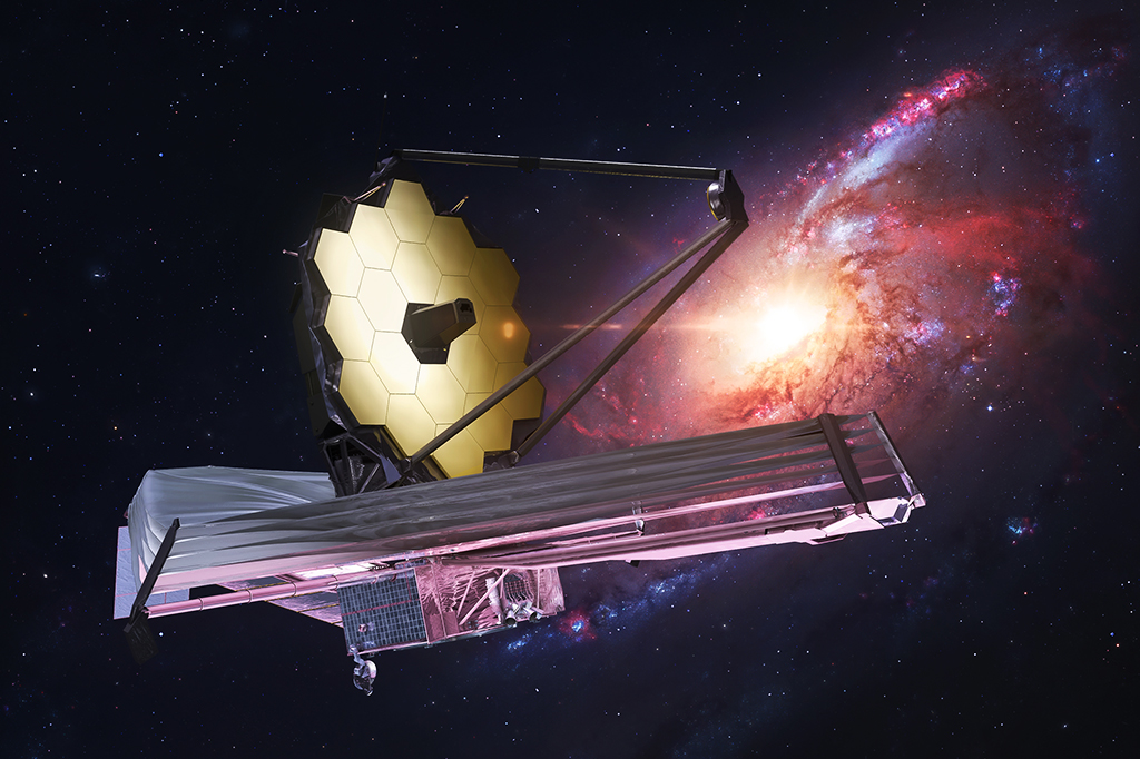 Imagem do telescópio espacial James Webb e galáxias ao fundo.
