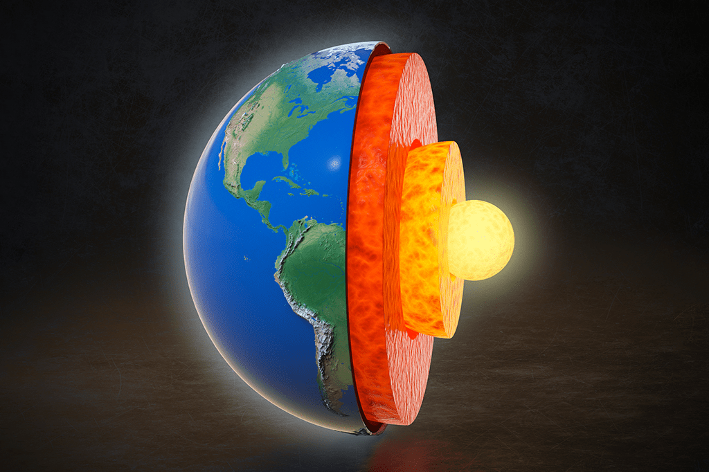 Ilustração 3D do planeta Terra cortado pela metade, mostrando seu interior.