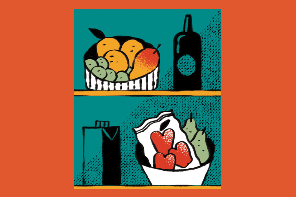 Ilustração de frutas em uma geladeira. Na prateleira de cima, laranjas, limões e manga em um bowl. Na de baixo, maçãs dentro de um saquinho plástico e pêras em outra fruteira.