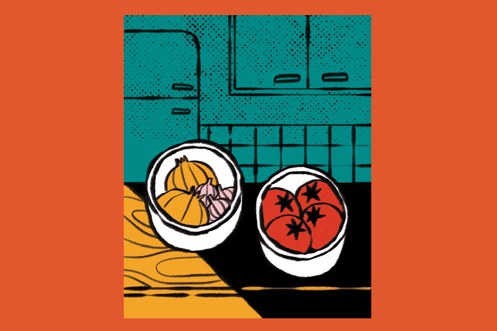 Ilustração de cebola, alho e tomates em vasilhas em uma bancada, fora da geladeira.