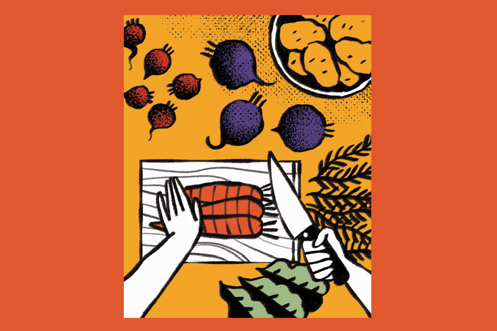 Ilustração de mãos cortando as folhas de uma cenoura. Na bancada, há também rabanetes, beterrabas e batatas.