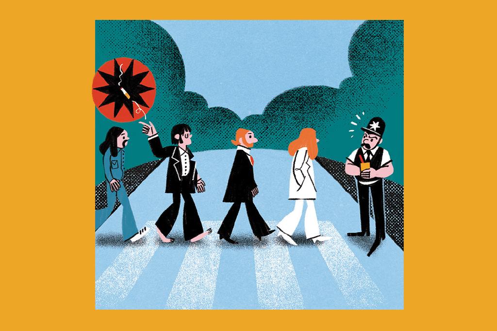 Ilustração de uma releitura do álbum Abbey Road, dos Beatles, com um policial à frente dos músicos anotando uma multa, porque um deles (o Paul McCartney) aparece jogando uma bituca de cigarro no chão.