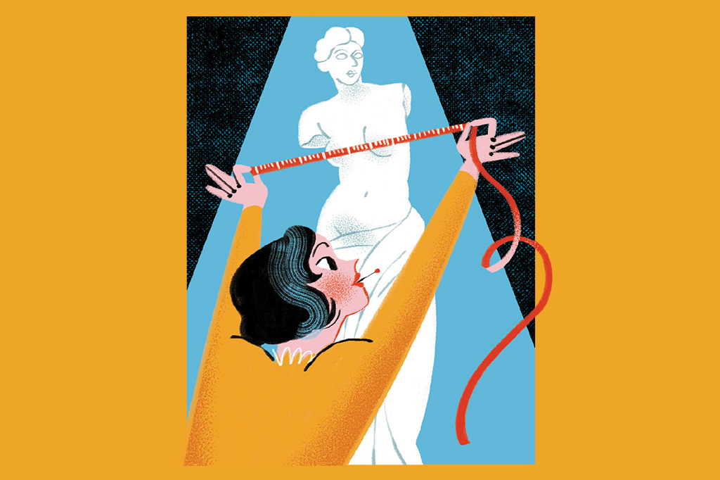 Ilustração de uma costureira tirando as medidas da estátua da Vênus de Milo.