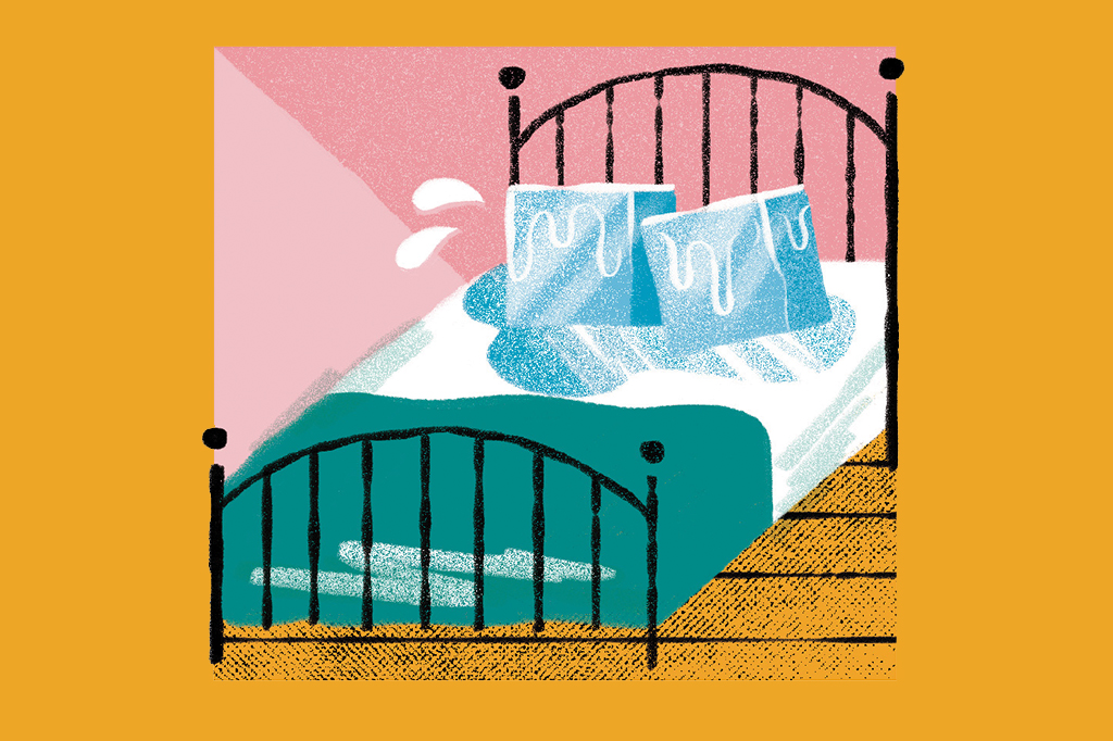 Ilustração de uma cama com cubinhos de gelo como travesseiros.