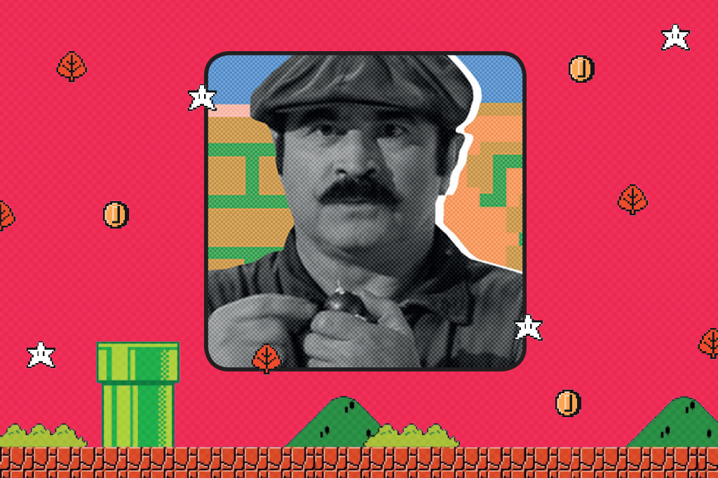 Montagem com fotografia de um frame da versão live action com o ator Bob Hoskins e elementos do jogo Mario.
