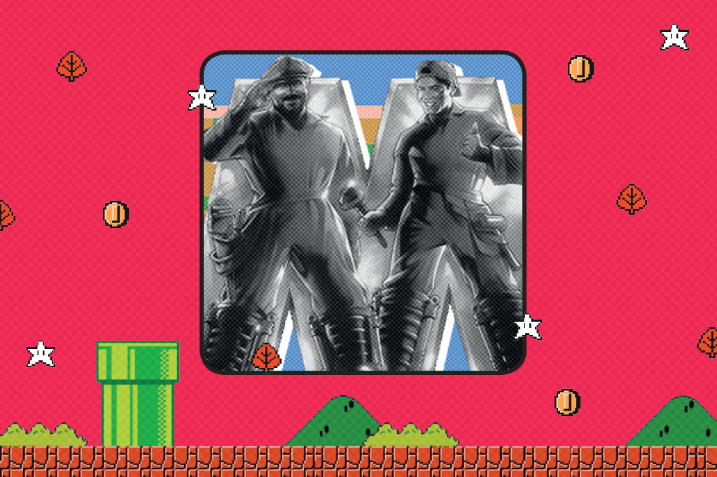 Montagem com fotografia do poster da versão live action e elementos do jogo Mario.