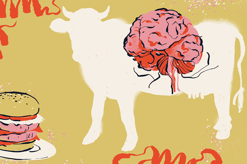 Ilustração de uma silhueta de uma vaquinha, um cérebro, um hambúrguer e príons.