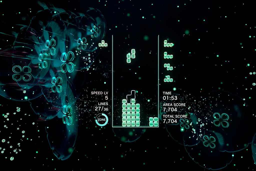 Captura de tela do jogo Tetris Effect: Connected.