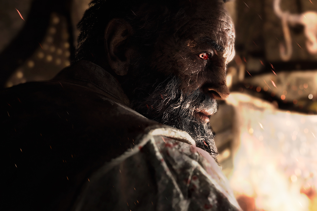 Cena do Jogo Resident Evil 4 mostrando a lateral do rosto de um homem velho.