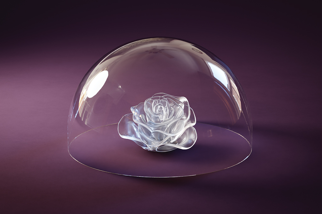 Ilustração de uma redoma de vidro com uma flor, também de vidro, dentro.