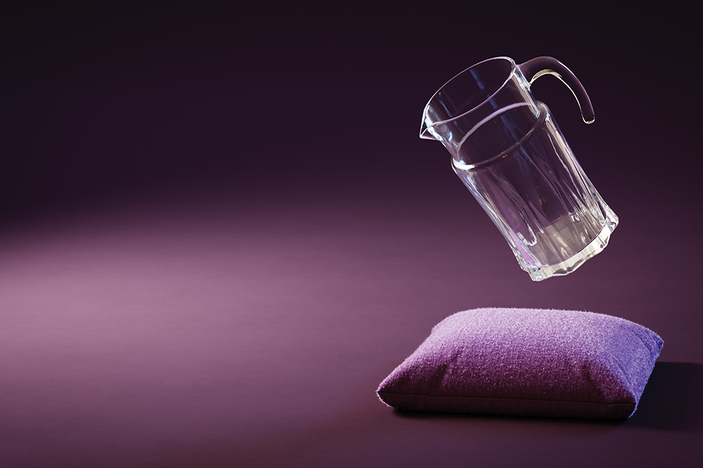Ilustração 3D de uma jarra de vidro caindo em uma almofada.