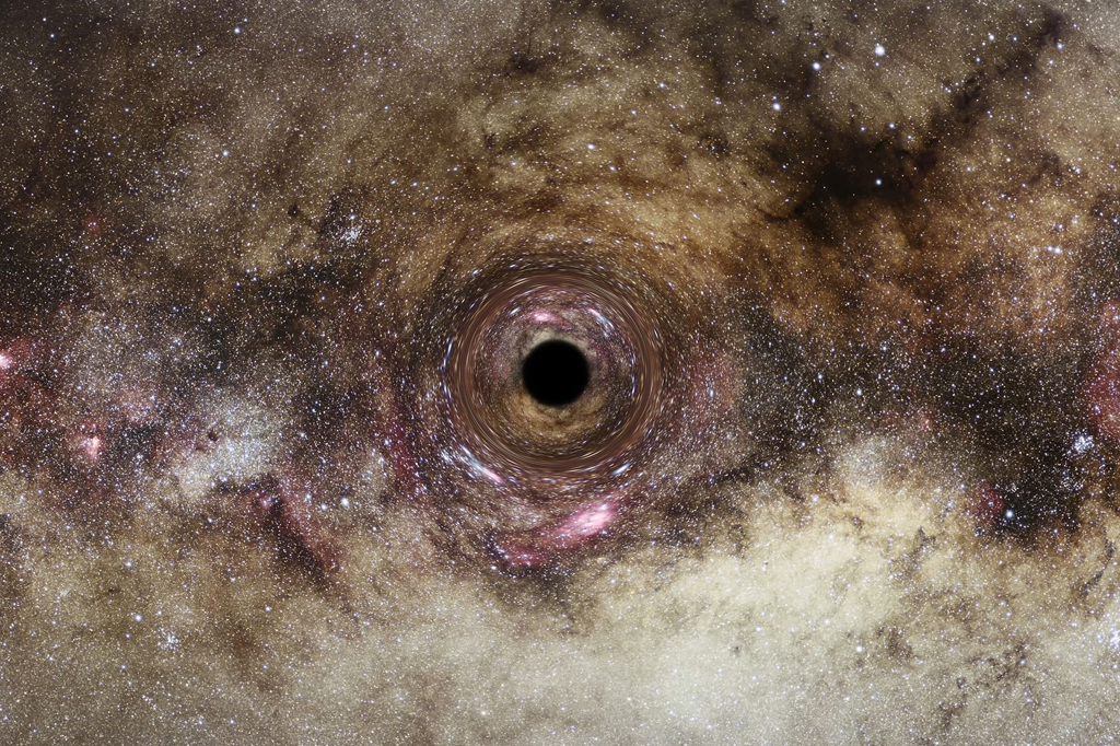 Ilustração realista de um buraco negro, onde o intenso campo gravitacional do buraco negro distorce o espaço ao seu redor.