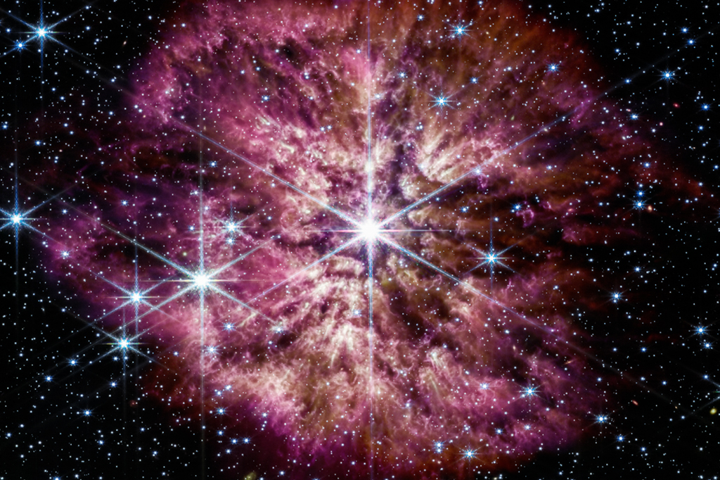 A imagem capturada da estrela quente e luminosa conhecida como Wolf-Rayet 124.