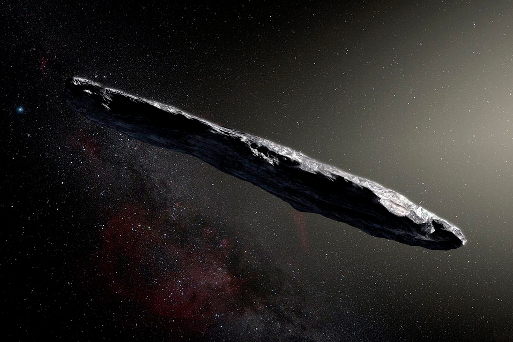 Concepção artística do asteróide interestelar 1I/2017 U1 ('Oumuamua) ao passar pelo sistema solar.