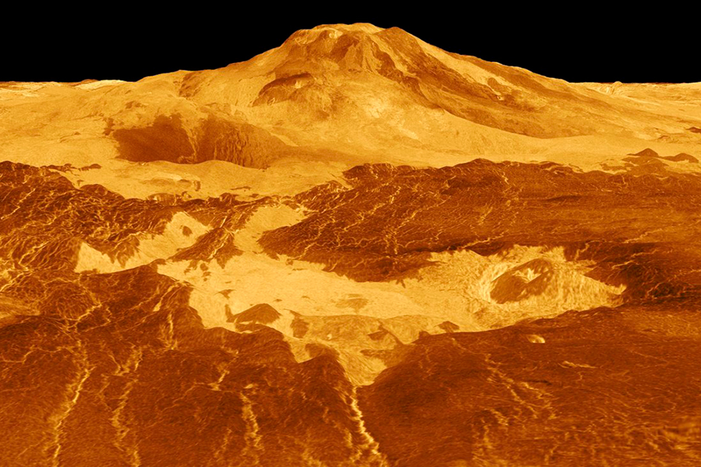 Modelo 3D gerado por computador da superfície de Vênus mostra o cume de Maat Mons, o vulcão que está exibindo sinais de atividade.
