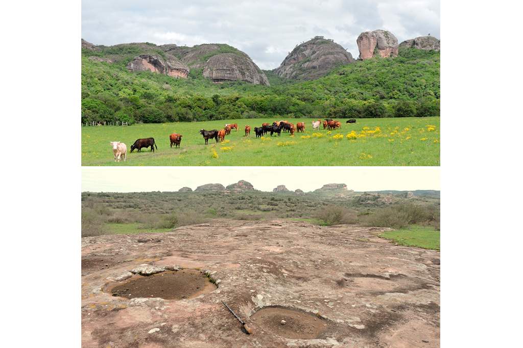 Importantes aspectos da paisagem dos principais geomonumentos de Caçapava do Sul: acima, os domos arredondados de conglomerados da Serra do Segredo e a pecuária de gado bovino em campo nativo; abaixo, as marmitas de dissolução, feições do intemperismo químico, com as Pedras das Guaritas ao fundo.